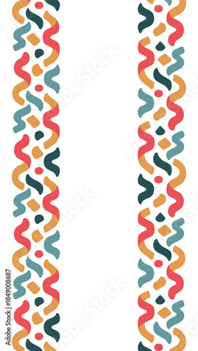 Abstract Ribbon Design: This image is a repeating pattern of colorful ribbon-like shapes. The ribbons and dots are arranged in a vertical design. The design is modern, playful, and visually appealing.
