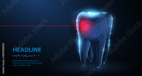 Tooth. Abstract low poly shine bright tooth illustration. Blue background and stars. Dental care, dentist clinic, stomatology medicine concept. Dentist white toothpaste, teeth freshness symbol.

