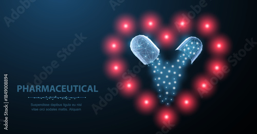 Medicine for the heart. Abstract polygonal wireframe two capsule pills on heart symbol on blue. Medical antibiotic, health pharmacy, vitamin pharmaceutic, treatment concept illustration or background
