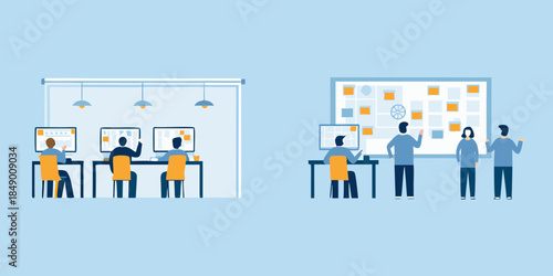 Modern office workspace featuring collaborative areas and individual computer stations