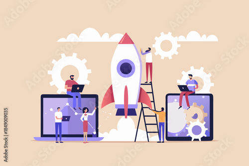 Team launching a rocket with technology and collaborative digital workspace