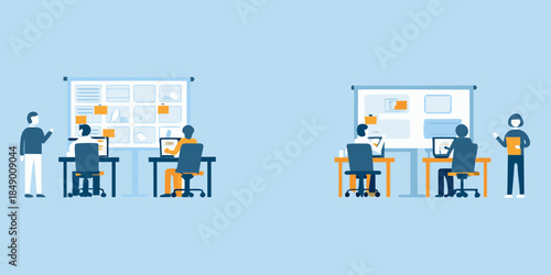 Team collaboration and brainstorming sessions visualized in a modern office setting