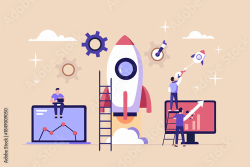 Startup launch concept with rocket developers and data analysis illustrations