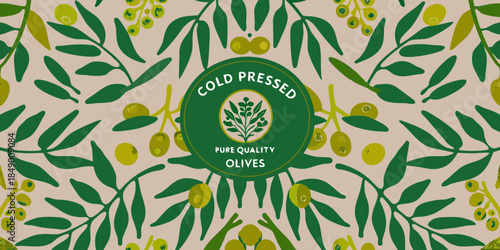 Olive branches and fruit with a cold pressed pure quality emblem