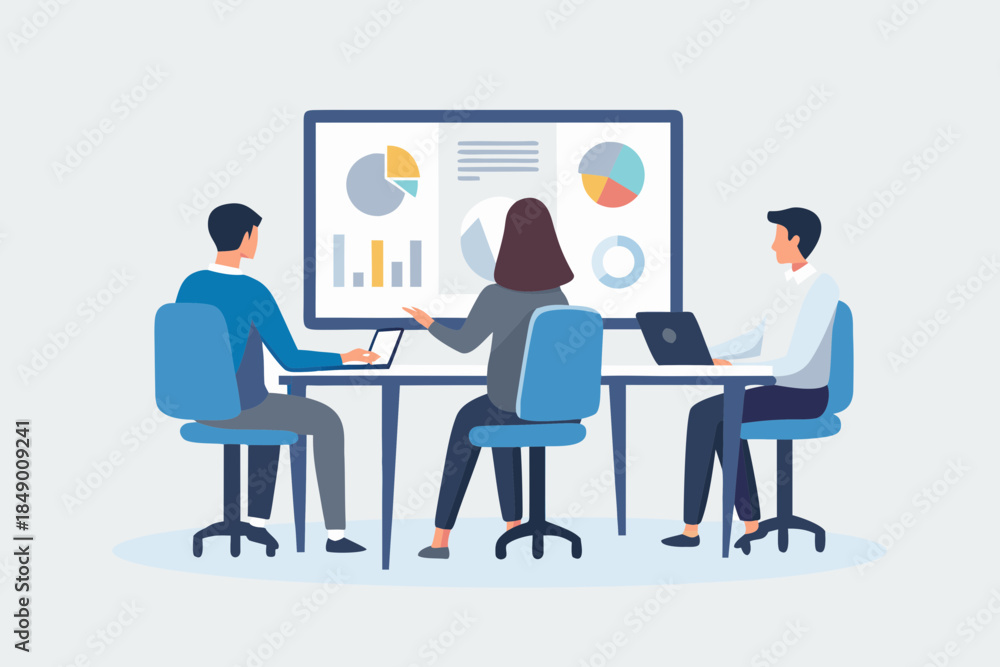 Obraz premium Team analyzing data presentation on a screen during a business meeting