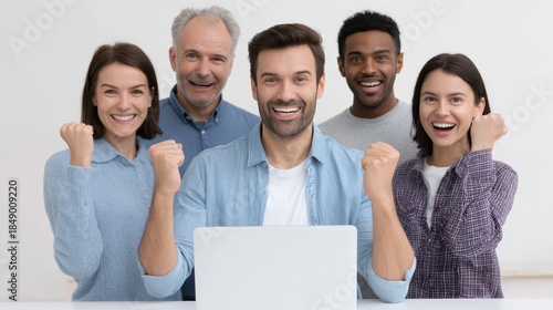 A joyful group of five people celebrating together, with smiles and raised fists, in front of a laptop, showcasing positive teamwork and camaraderie.