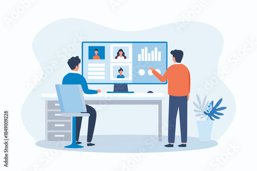 Team collaboration with data analysis on a computer screen in an office
