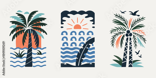 Tropical scene with palm trees waves and a stylized sun illustration