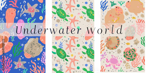 Colorful underwater scene with fish starfish turtles and coral reefs