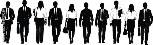 Flat vector silhouettes of business professionals walking forward in formal attire with briefcases, symbolizing teamwork, leadership, success, corporate culture