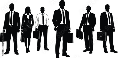 Flat vector silhouettes of business professionals standing with briefcases, dressed in formal attire, symbolizing corporate culture, teamwork, professionalism, success