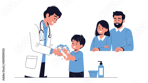 Handwashing Education: A doctor guides a child through proper handwashing, with the child's parents looking on, promoting hygiene and health.