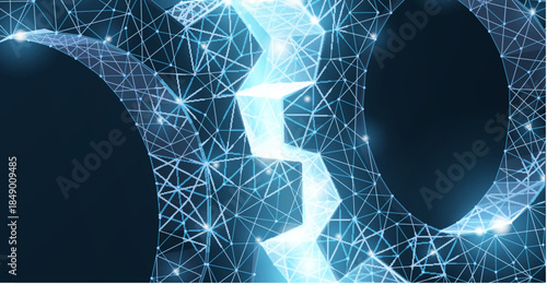 Gears. Abstract vector wireframe two gear 3d modern illustration Blue background. Mechanical technology machine engineering symbol. Industry development, engine work closeup, business solution concept