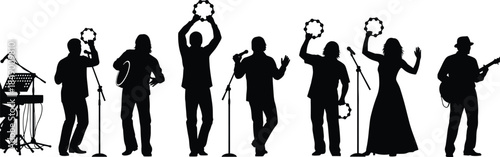 Flat vector silhouettes of diverse music band performing live with instruments, tambourines, microphones, singers, guitarists, and stage presence