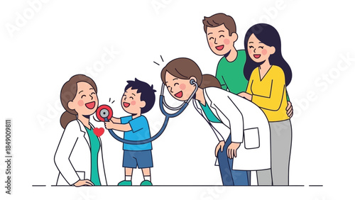Doctor Playtime: A heartwarming illustration captures a pediatric doctor and a child during a medical checkup, with the parents happily watching in support. Illustrating family, healthcare, wellness.