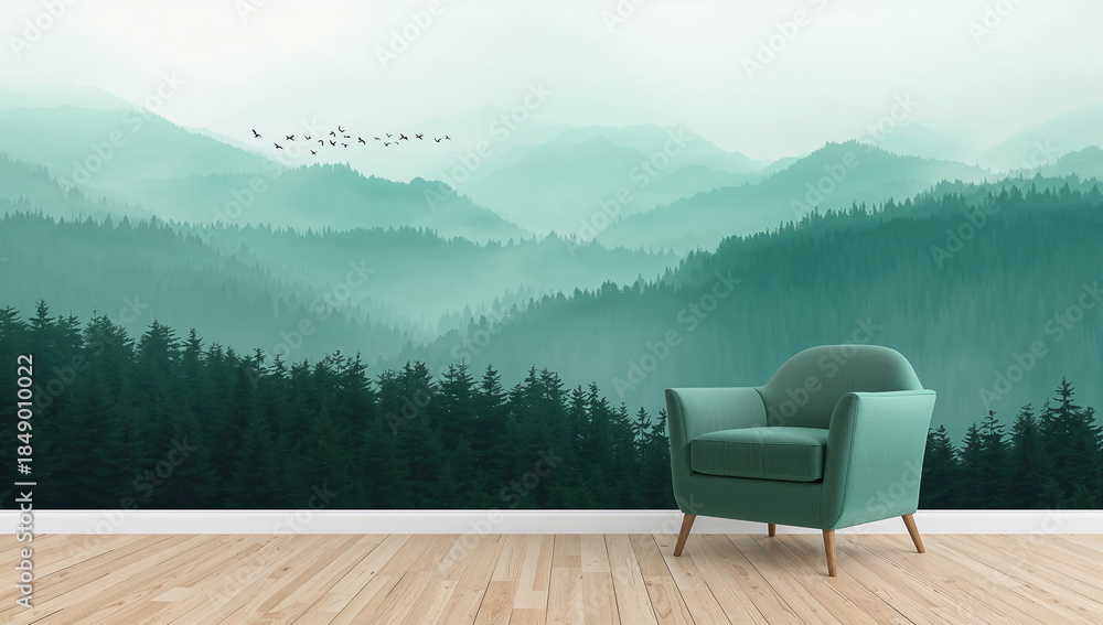 Fototapeta premium Misty mountain range with evergreen forest and flock of birds flying