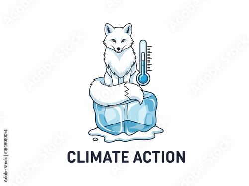 An arctic fox sits on a melting ice cube with a thermometer, illustrating the urgent need for climate action and environmental protection.