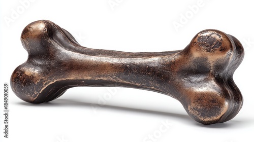 A realistic shiny brown dog bone toy designed for pet playtime and chewing, shaped like a classic bone to attract and entertain dogs.