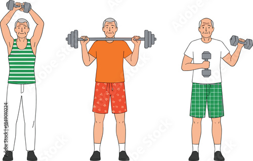 Senior men strength training vector illustration featuring elderly males lifting dumbbells and barbell, promoting fitness, muscle building, and healthy aging lifestyle