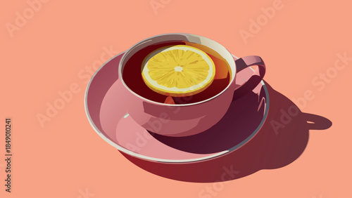 Cup of Tea with Lemon on Pink Background