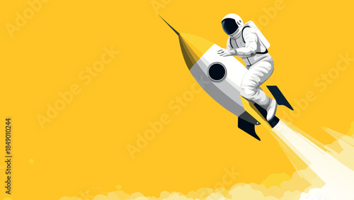 Astronaut Riding Rocket in Yellow Space Background