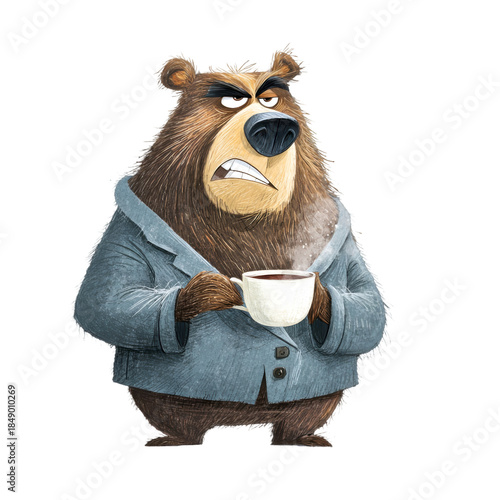 Grumpy Bear's Morning Brew: A disgruntled bear, still in his pajamas and a robe, clutches a steaming mug of coffee, showcasing an unamused expression
