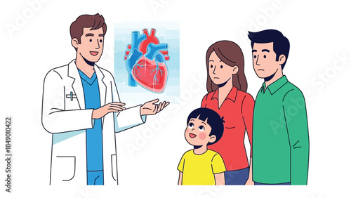 Medical Consultation: A caring doctor explains a patient's medical condition to a concerned family, utilizing a diagram of the human heart for clarification. 