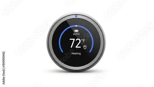 Round smart thermostat device with digital display and temperature setting isolated on white background