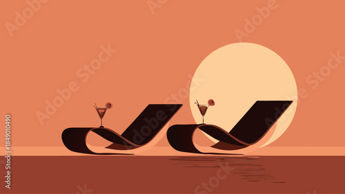 Minimal Lounge Chairs with Cocktails Illustration at Sunset