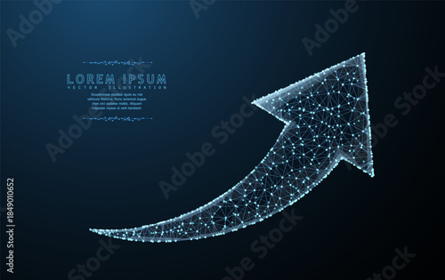 Arrow growth. Low poly wireframe mesh looks like constellation on night sky. Crumbled edge. Growth, success, direction symbol. Concept illustration or background.

