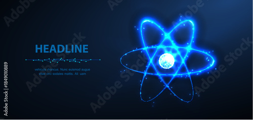 Atom. Abstract 3d phisics molecule atom model isolated on blue. Chemistry science, research atomic power, scientific education concept. Molecular structure, quantum laboratory symbol or icon.

