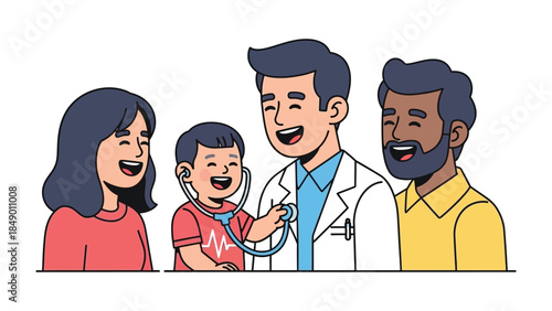 Health Check: A heartwarming scene where a doctor and a child engaging with a stethoscope in a consultation with two guardians, all wearing big smiles. An illustration about healthcare.