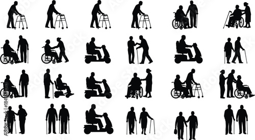 Flat vector silhouettes of elderly people with caregivers, mobility aids, wheelchairs, walkers, scooters, support, accessibility, aging, healthcare, compassion