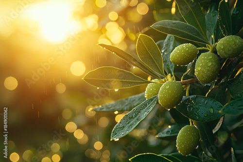 Fresh green olives on a leafy branch covered with dew drops, softly lit by warm golden sunlight with a natural bokeh background in a tranquil orchard setting.