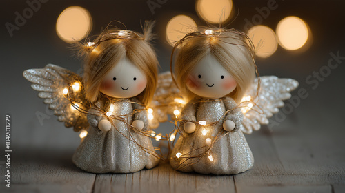 Decorative angel figurines with LED lights on wooden background  
