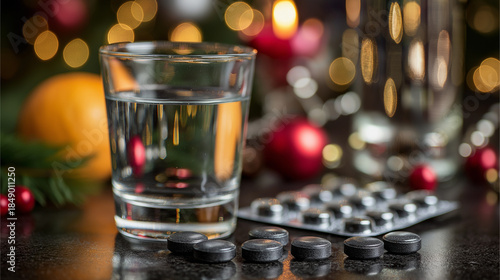 Glass of water, a blister pack of activated charcoal tablets and festive decorations on table  