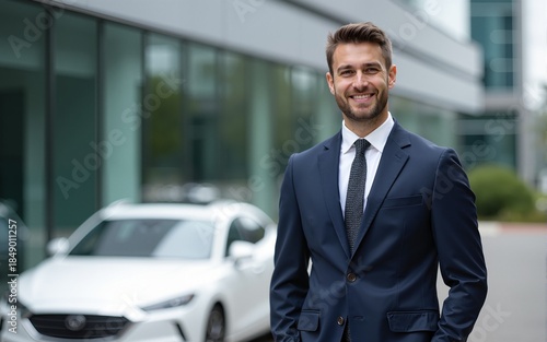 Wallpaper Mural Portrait of a handsome businessman standing near the car outdoors near the modern building facade. High quality Torontodigital.ca