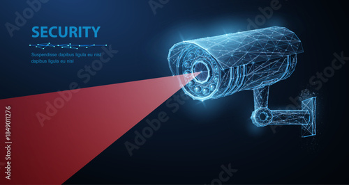Security camera. Vector low pole illustration. Isolated on blue. Security system, smart home, cctv concept.

