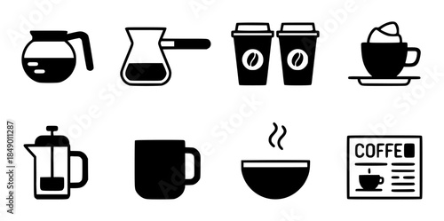 Black and white coffee brewing equipment set in minimal outline style carafe