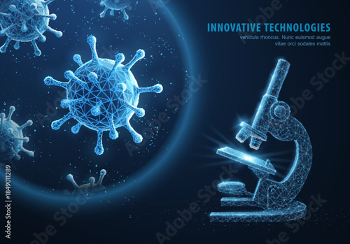 vector poligonal virus microbe in microscope zoom lens. Laboratory research, micro organism, microbiology concept.

