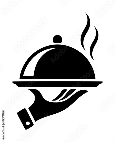 Black and white hand holding food tray with steam serving