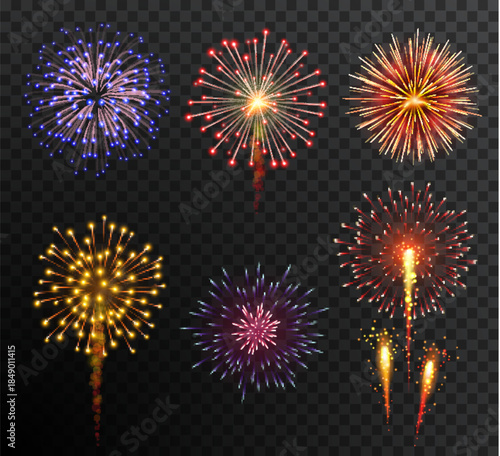 Firework. Set multy-colored new year bright firework explode isolated on transparent background. Holidey, victory, celebration symbol. Festival, anniversary or party decoration

