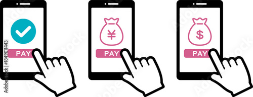 スマートフォンと手のアイコン。タップ。クリック。（Hand touch screen smartphone icon. Click on the smartphone.）
