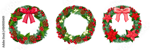 Set of Christmas wreaths with bows, ribbons in cartoon style. Vector illustration of Christmas pine wreath, cones, holly, branches with berries, pink, red poinsettia flowers, mistletoe.