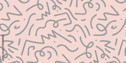 Abstract Pattern of Gray Squiggly Lines and Dots on Pink Background.