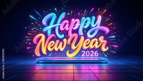 Vibrant neon happy new year 2026 celebration