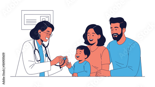 Doctor Examining Child Patient: A caring doctor, stethoscope in hand, examines a young child in a comforting setting, the child's parents providing reassuring support and warmth.
