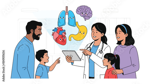 Health Insights: A Doctor Educating a Family on Internal Anatomy. The scene depicts a doctor guiding a family, explaining internal anatomy using a tablet.