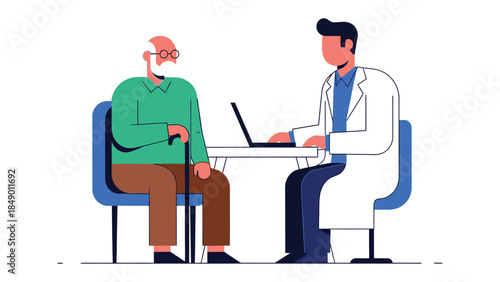 Medical Consultation: A healthcare professional consults with an elderly patient, laptop between them, fostering a setting of trust and attentiveness.