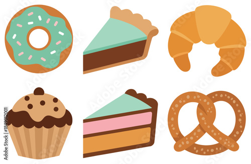 Colorful assorted pastries and desserts set with donut croissant cake pretzel cupcake